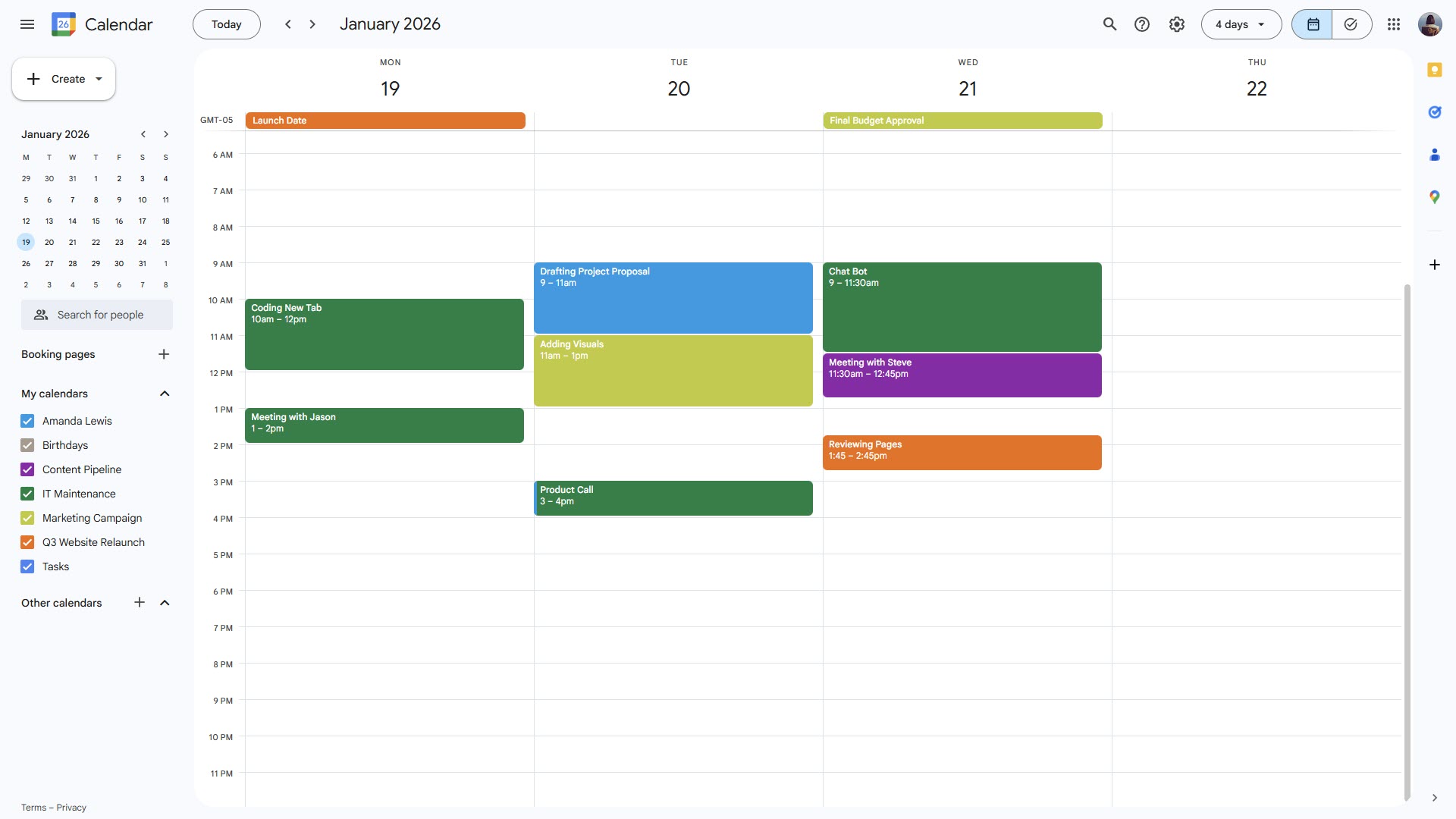 Google Calendar weekly view showing all-day milestones (Launch Date, Final Budget Approval) at the top and timed events like Drafting Project Proposal, Coding New Tab, and Product Call scheduled with specific times throughout the week