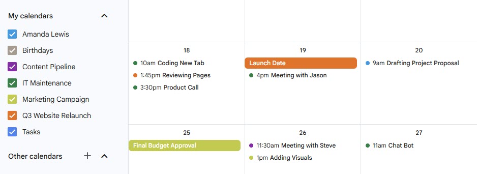 Google Calendar interface displaying multiple project calendars organized by color: Q3 Website Relaunch (orange), Content Pipeline (purple), IT Maintenance (green), Marketing Campaign (yellow), and Tasks (blue). The left sidebar shows the calendar list with checkboxes for toggling visibility of each project calendar