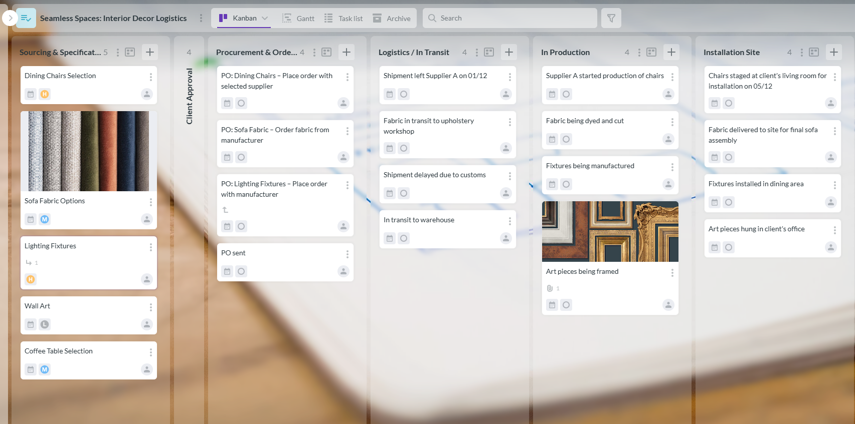 Seamless Interior Decor Workflow: Kanban Board Overview Kanban board for interior decor project showing tasks across sourcing, client approval, procurement, logistics, on-site installation, and closeout