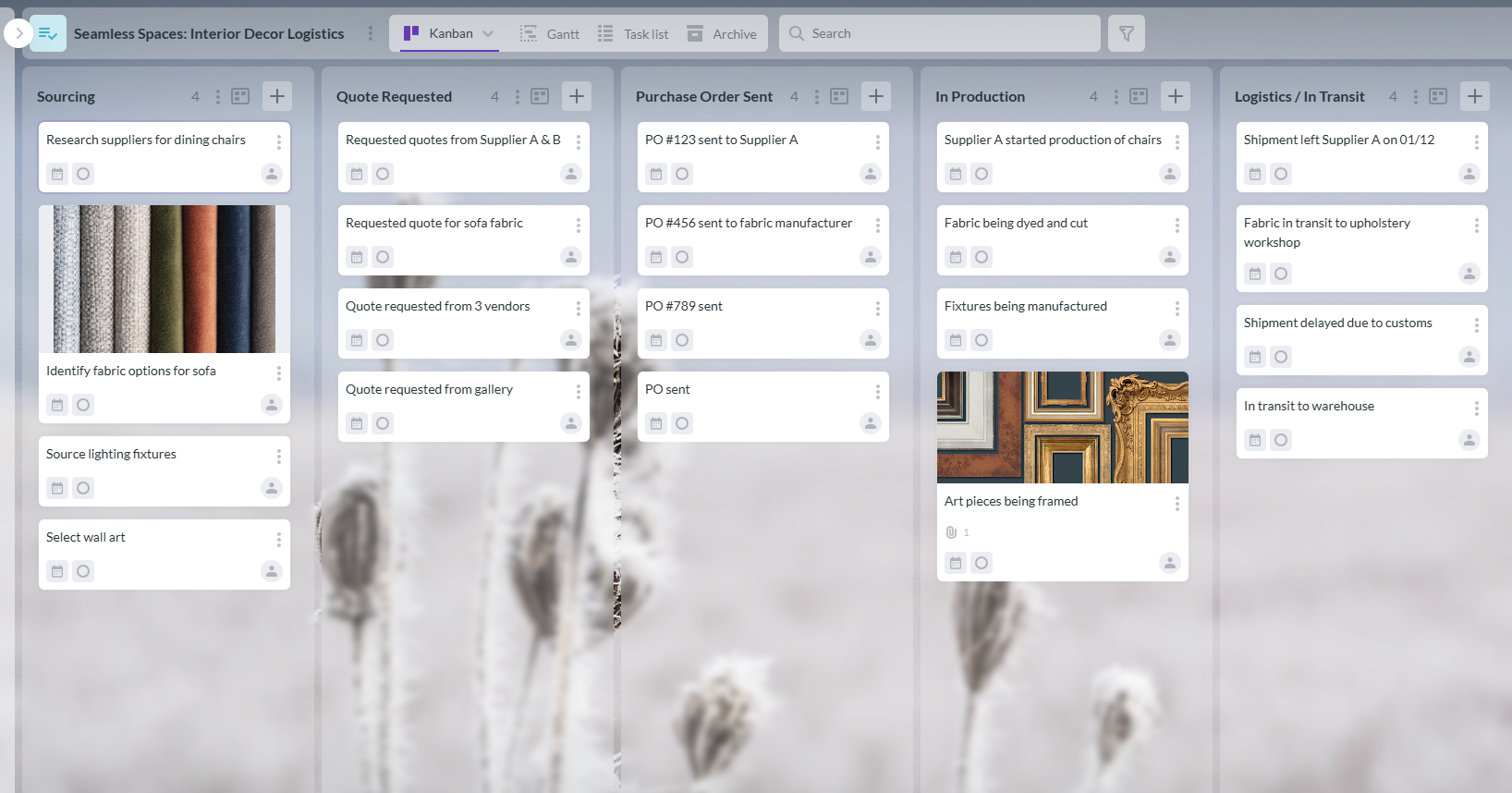 Interior Design Logistics Kanban Board Kanban board for interior decorator logistics showing tasks from sourcing to installation with priority and status indicators