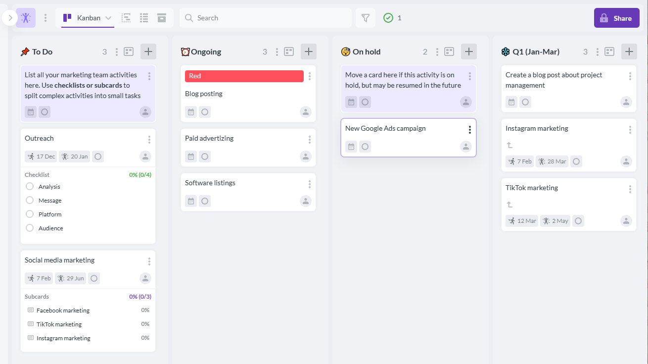 Kanbanchi project management board showing streamlined workflows, campaign tasks, and team collaboration for a digital marketing agency