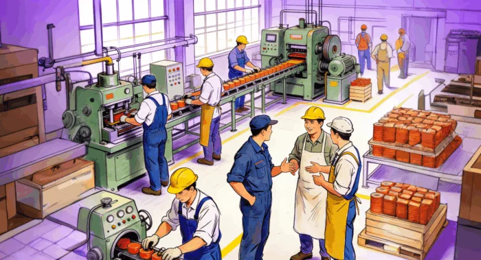 Factory with workers in the middle of the working day
