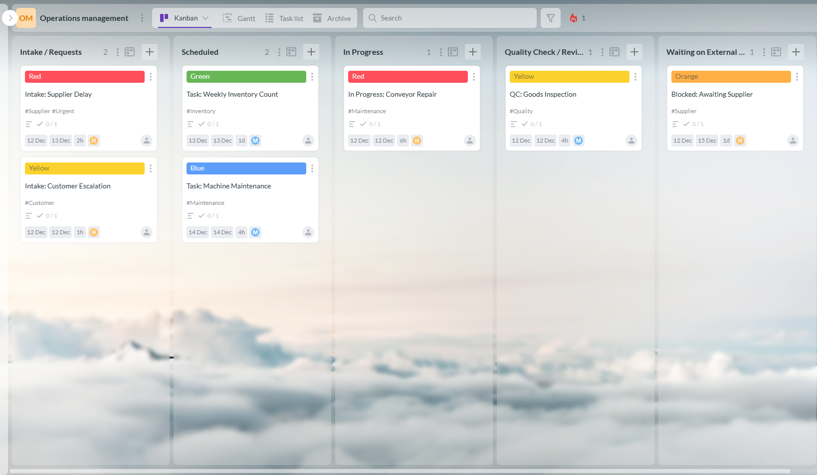 Screenshot of a Kanbanchi board showing task cards for workflow visualization, scheduling, quality checks, and completed tasks, demonstrating the use of operations management software.