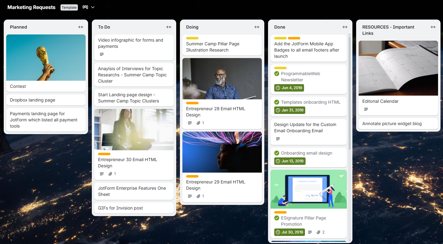 Trello project management board showing marketing tasks, campaign stages, and team collaboration for a digital marketing agency