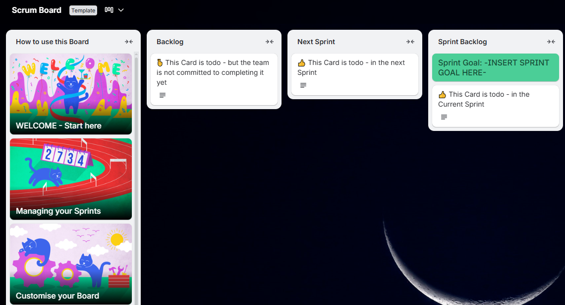 Trello scrum board showing sprint tasks, backlog items, and workflow columns
