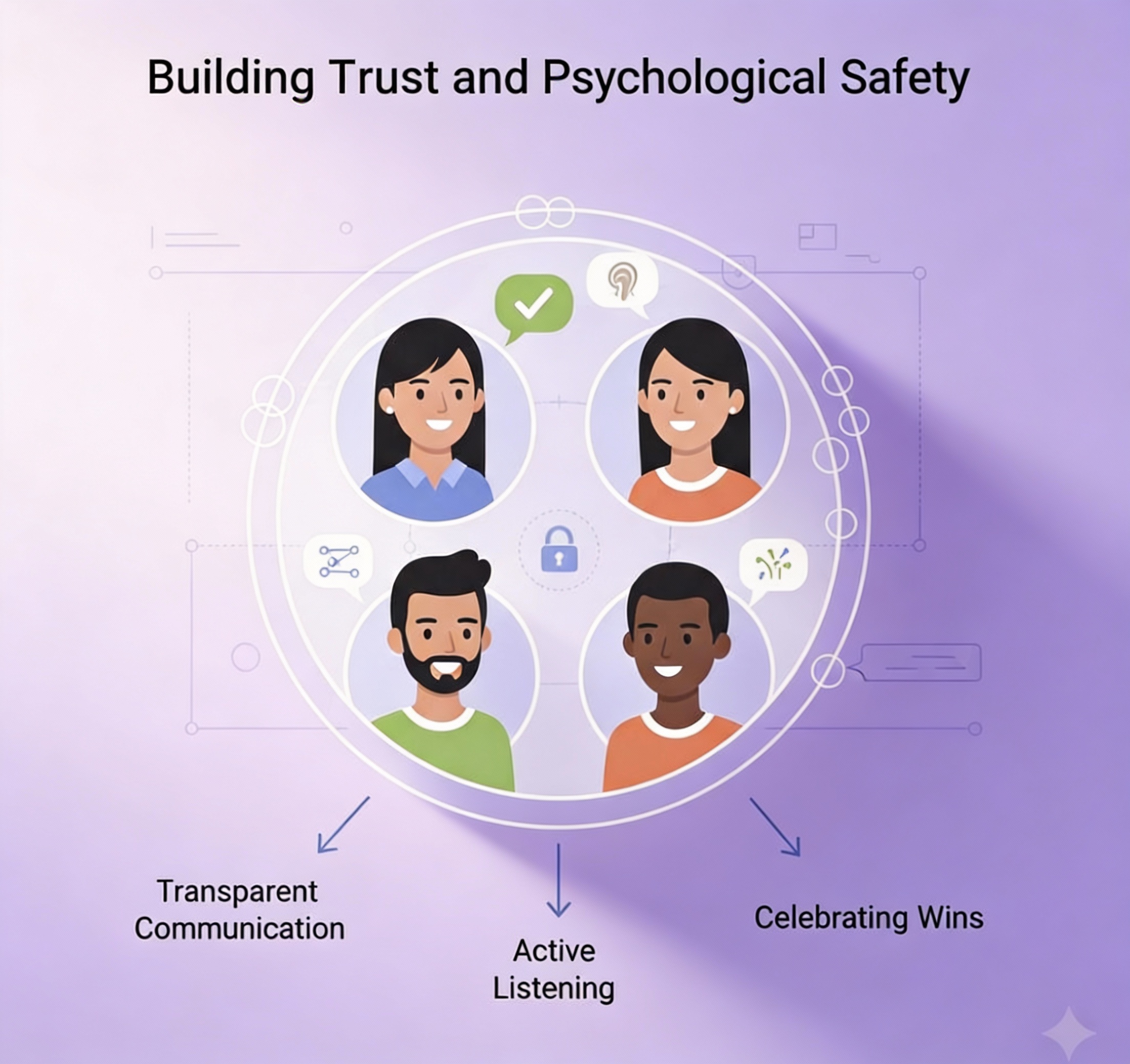 An illustration representing connection and safety. People interconnected through bubbles.