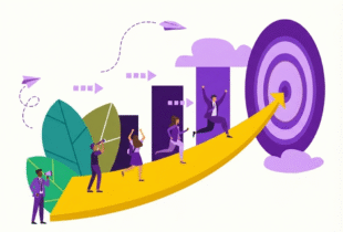 An illustration of a business team running along a rising arrow path toward a target, representing a successful plan of action.