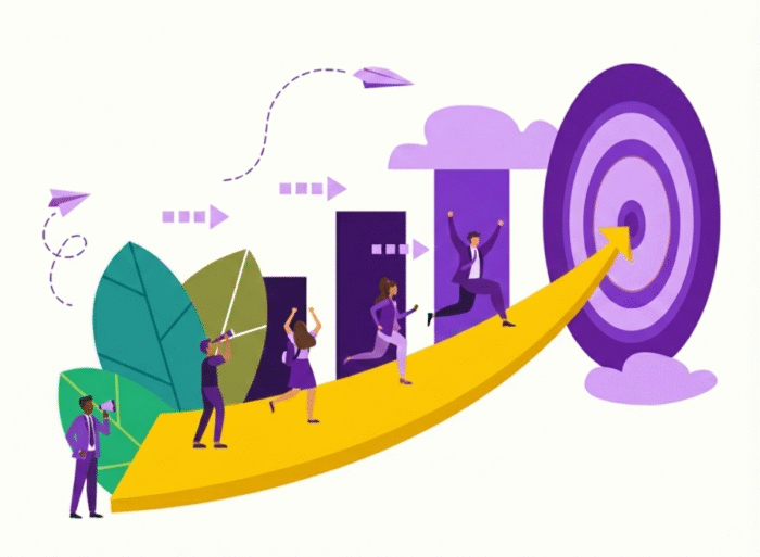 An illustration of a business team running along a rising arrow path toward a target, representing a successful plan of action.