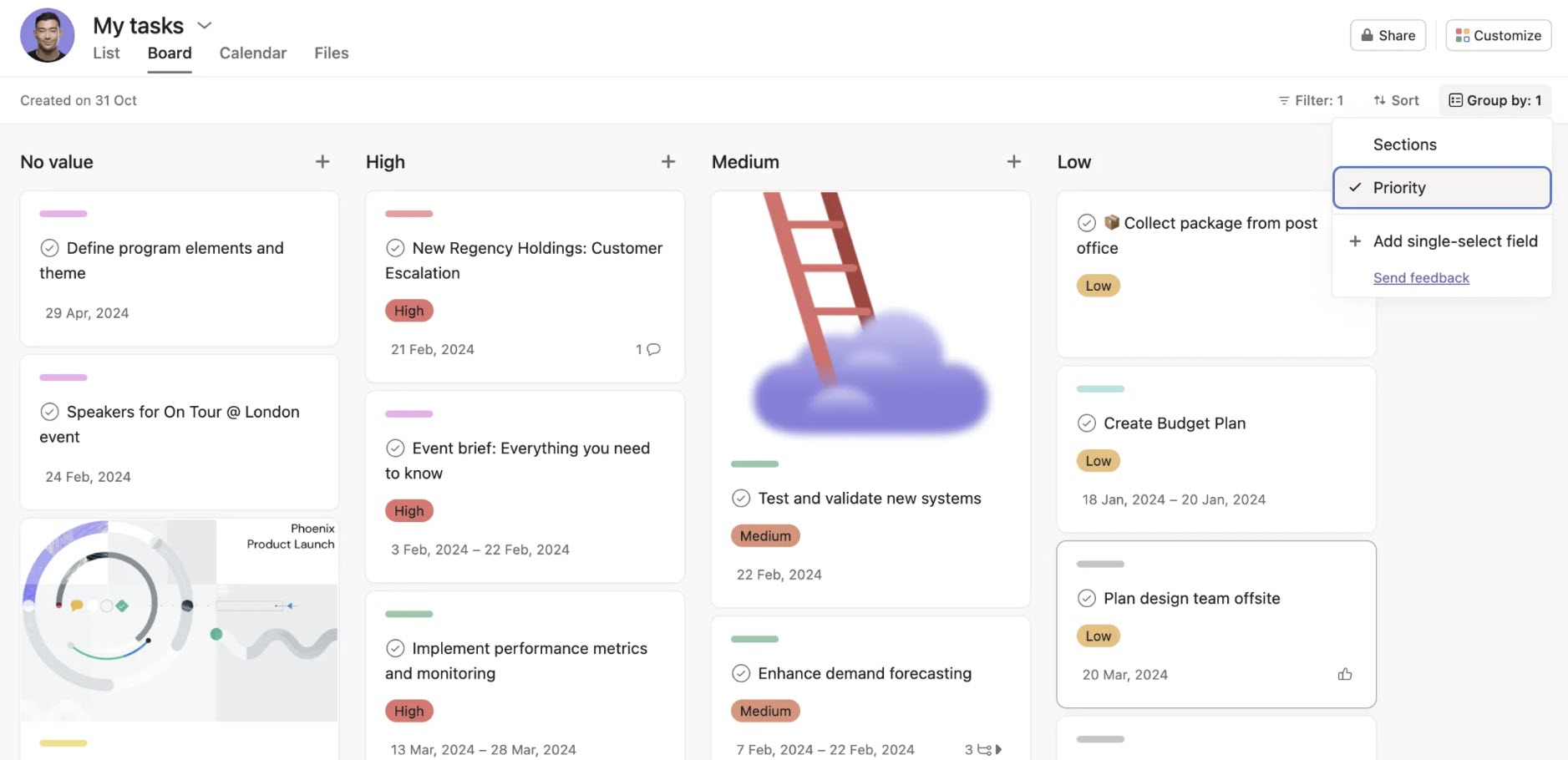 A screenshot of the Asana My Tasks interface in Board view, showing individual tasks sorted into prioritized columns.