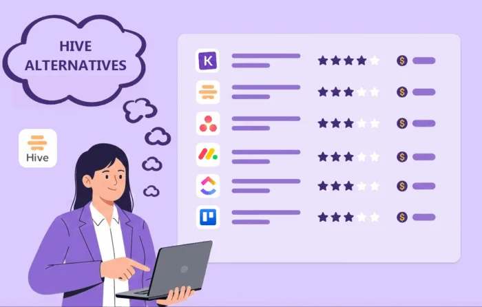 An illustration showing a woman thinking about Hive alternatives, with a list of top competitors like Kanbanchi, Asana, and Monday.com displayed next to her.