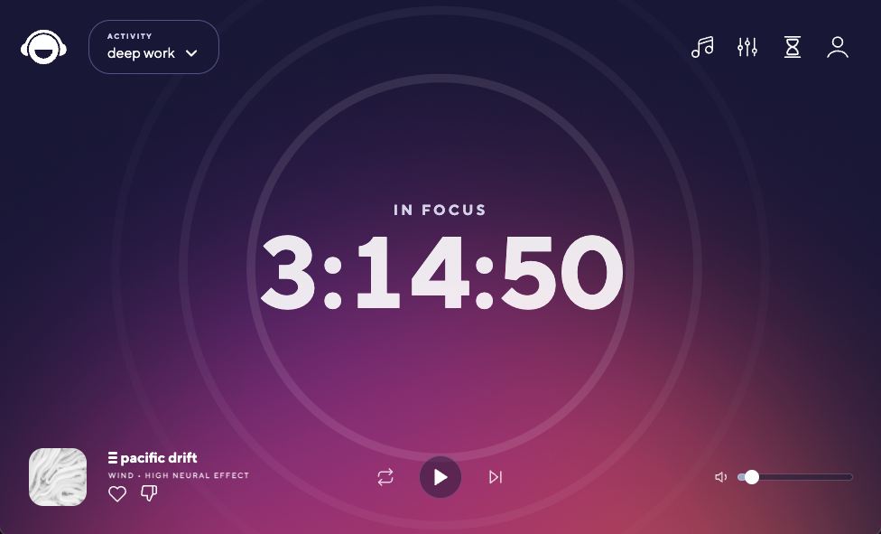 A screenshot of the Brain.fm interface displaying a large "In Focus" timer during a "Deep Work" session, illustrating the clean design of one of the best websites for productivity