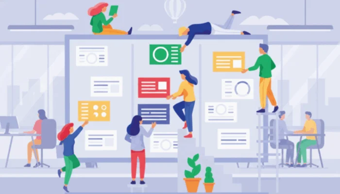 An illustration of office workers collaborating on a large task board to demonstrate the organizational efficiency of using the best business process management software.
