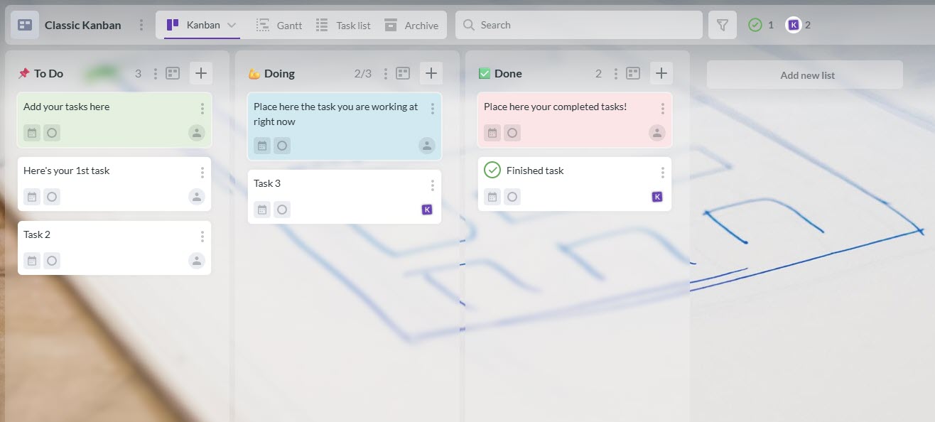 A screenshot of the Kanbanchi interface showing a straightforward Kanban board with "To Do", "Doing", and "Done" columns.