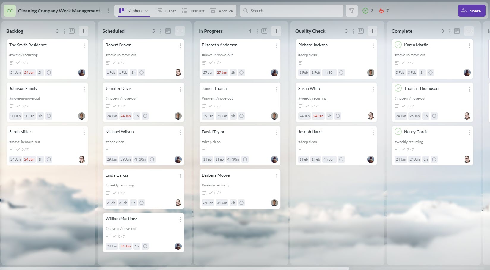 A screenshot of a cleaning company work management Kanban board in Kanbanchi, tracking jobs through stages like Scheduled, In Progress, and Quality Check.