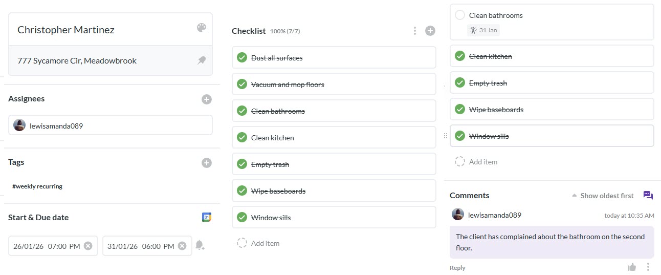 A digital task card from a cleaning company work management system displaying a completed cleaning checklist, scheduling details, and client feedback comments.
