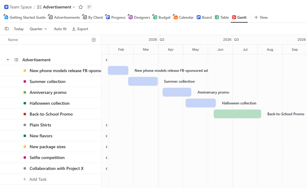 ClickUp Gantt chart showing task timelines, dependencies, and project milestones for hybrid project management