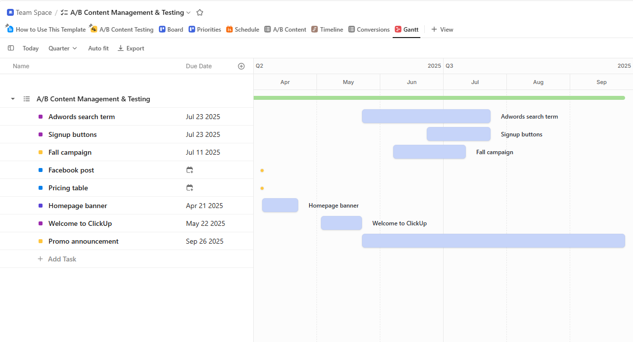 ClickUp Gantt chart for team project planning and task management.