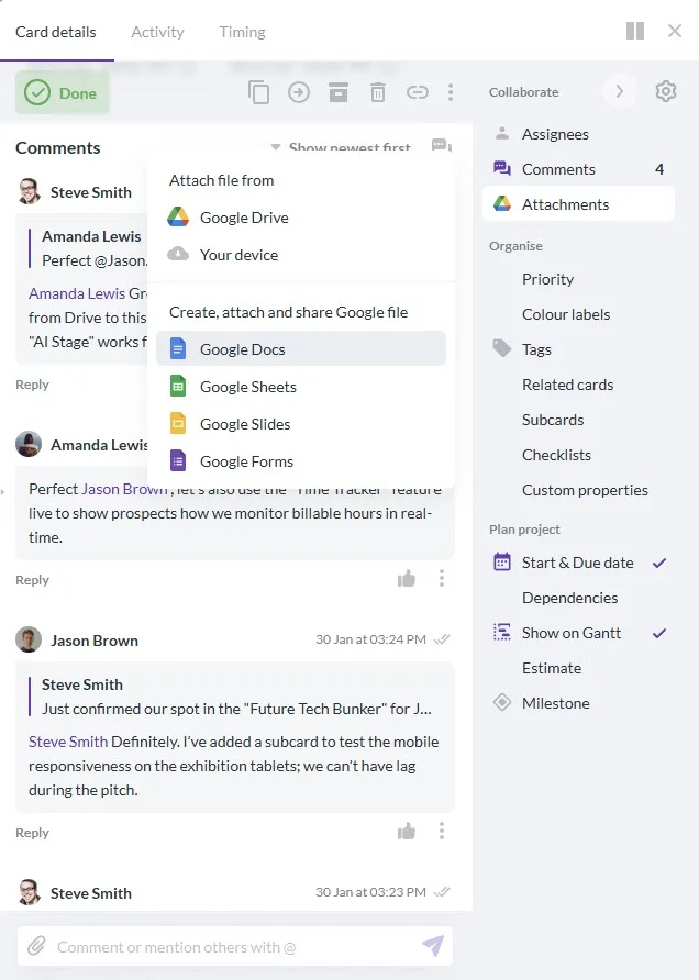 Screenshot of a Kanbanchi task card showing a dropdown menu with options to create new Google Docs, Sheets, Slides, and Forms directly within the application, demonstrating deep Google Drive integration for project management