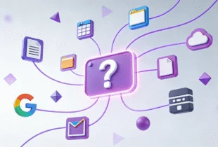 A 3D illustration depicting the challenge of finding the right Google Workspace project management app, showing a central question mark connected to scattered icons for Gmail, Drive, and Calendar
