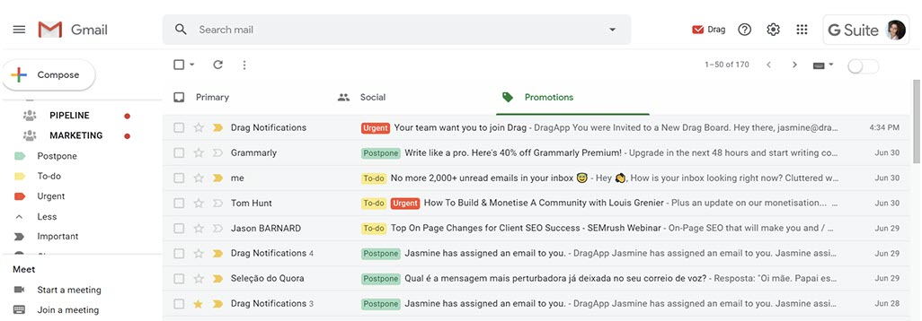 creenshot of a Gmail interface with multiple colored labels like Pipeline, Marketing, and Urgent applied to emails, illustrating the visual clutter of using Gmail labels for project management