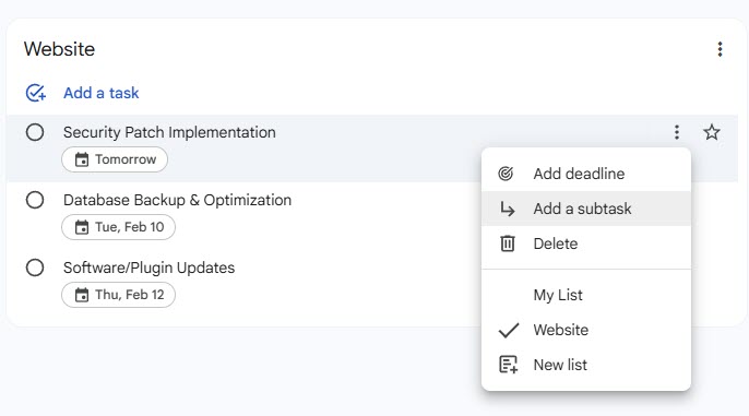 Screenshot of a Google Tasks menu for a task. The menu lists options for deadlines and subtasks but lacks a feature to assign the task to another user, illustrating the collaboration limitations of Google Tasks