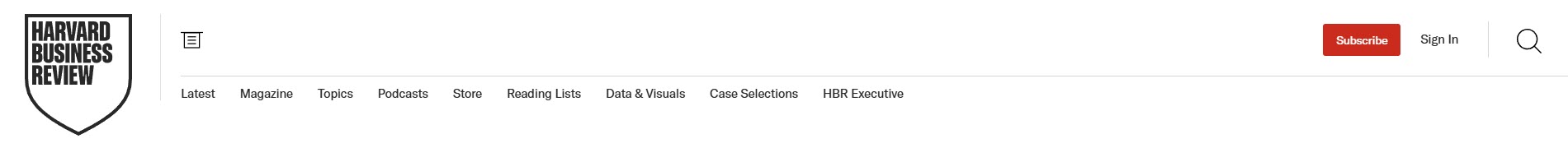 A screenshot of the Harvard Business Review homepage header featuring the iconic black shield logo and navigation menu, illustrating one of the best websites for productivity for strategic professionals.