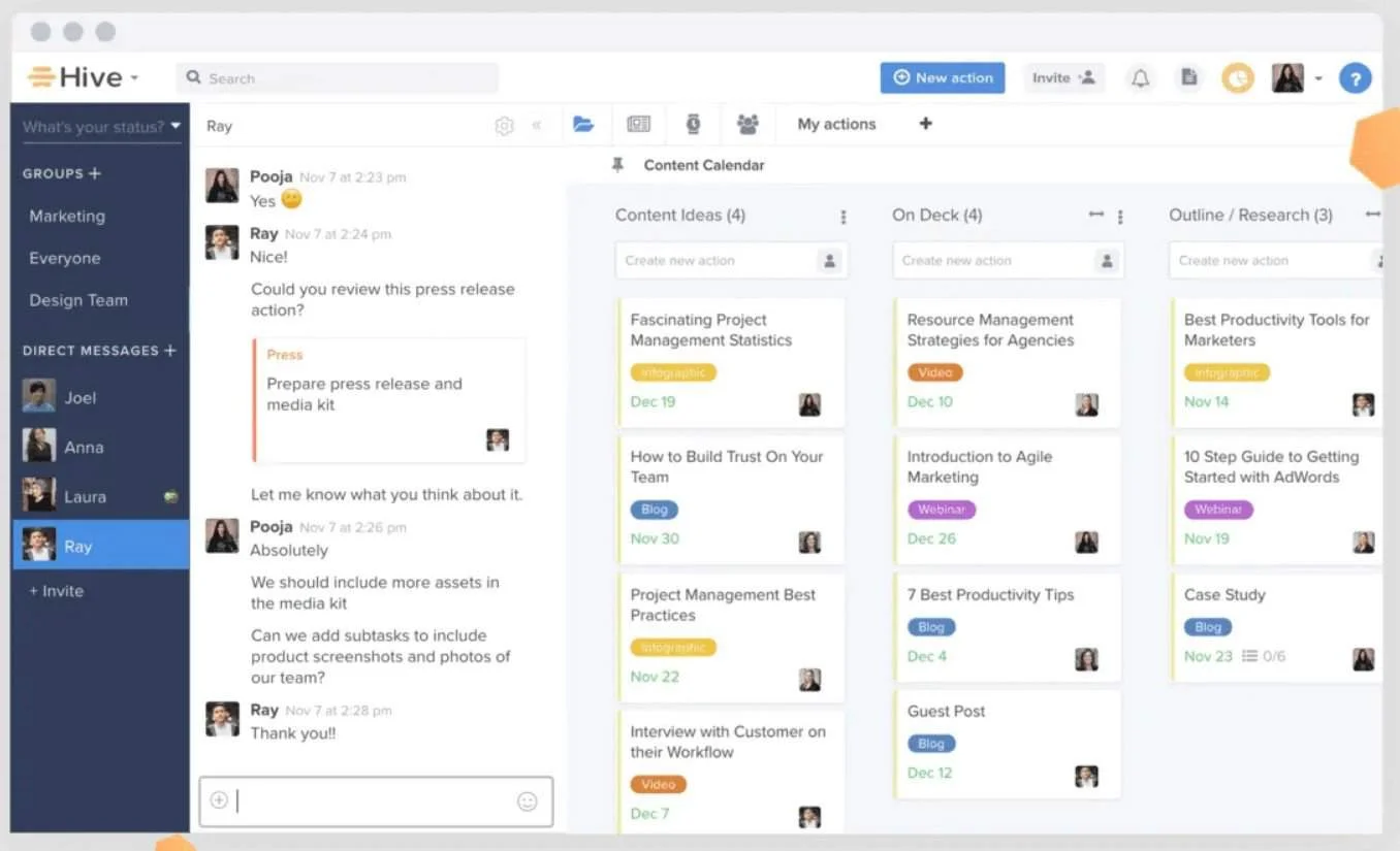 A screenshot of the Hive dashboard displaying a "Content Calendar" in a Kanban view alongside an active direct messaging panel.