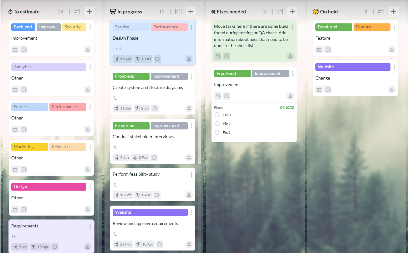 Kanbanchi Kanban board displaying task cards and workflow stages for hybrid project management.