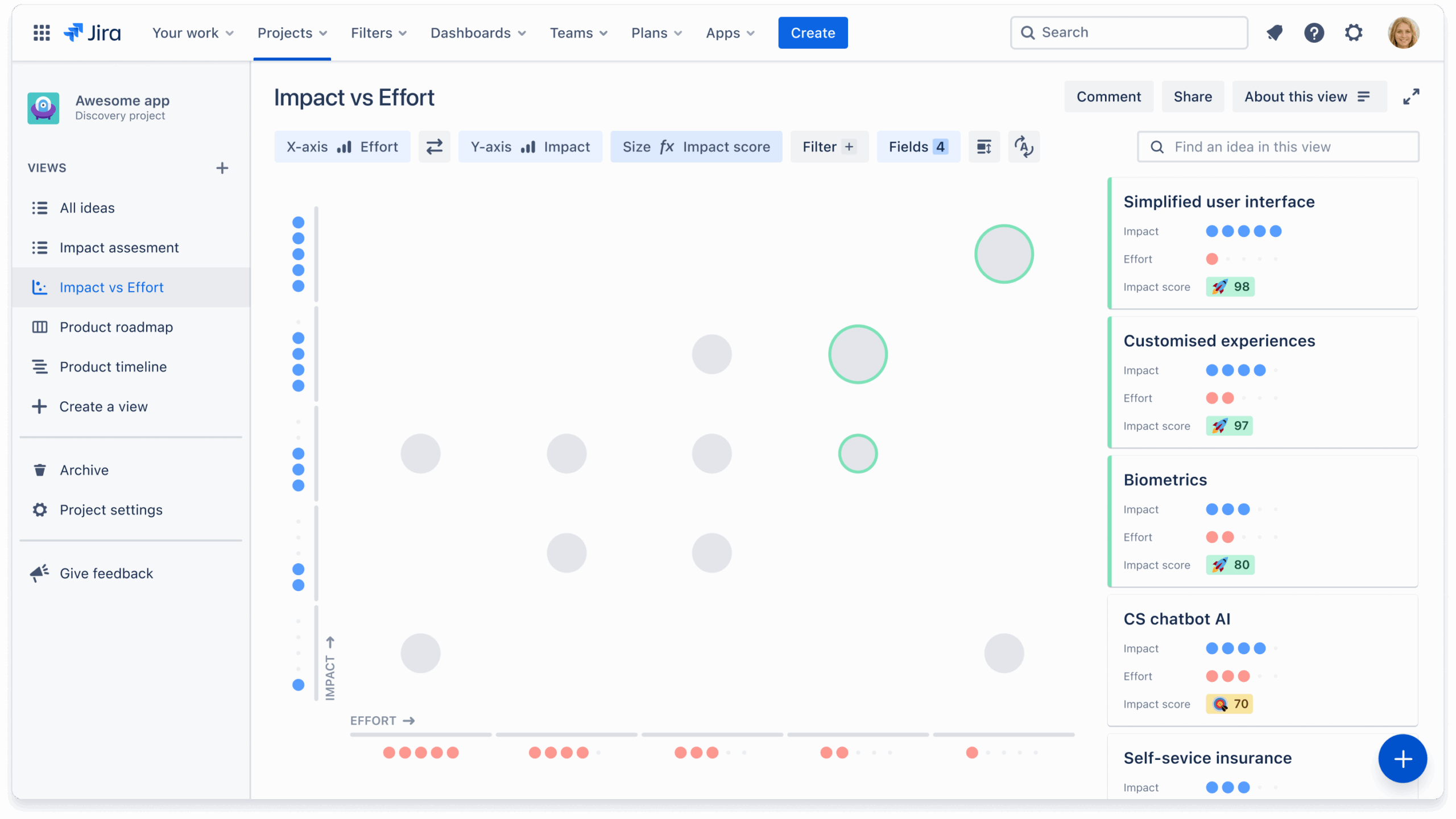 A screenshot of the Jira Product Discovery matrix view plotting feature ideas based on impact versus effort.