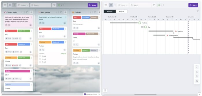 Side-by-side comparison of Kanbanchi's Kanban board view (left) and Gantt chart view (right), demonstrating easy view switching in a single project management tool