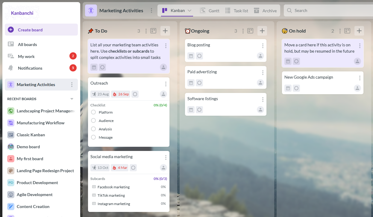 Screenshot of a Kanbanchi project board, a top Basecamp alternative for Google Workspace teams