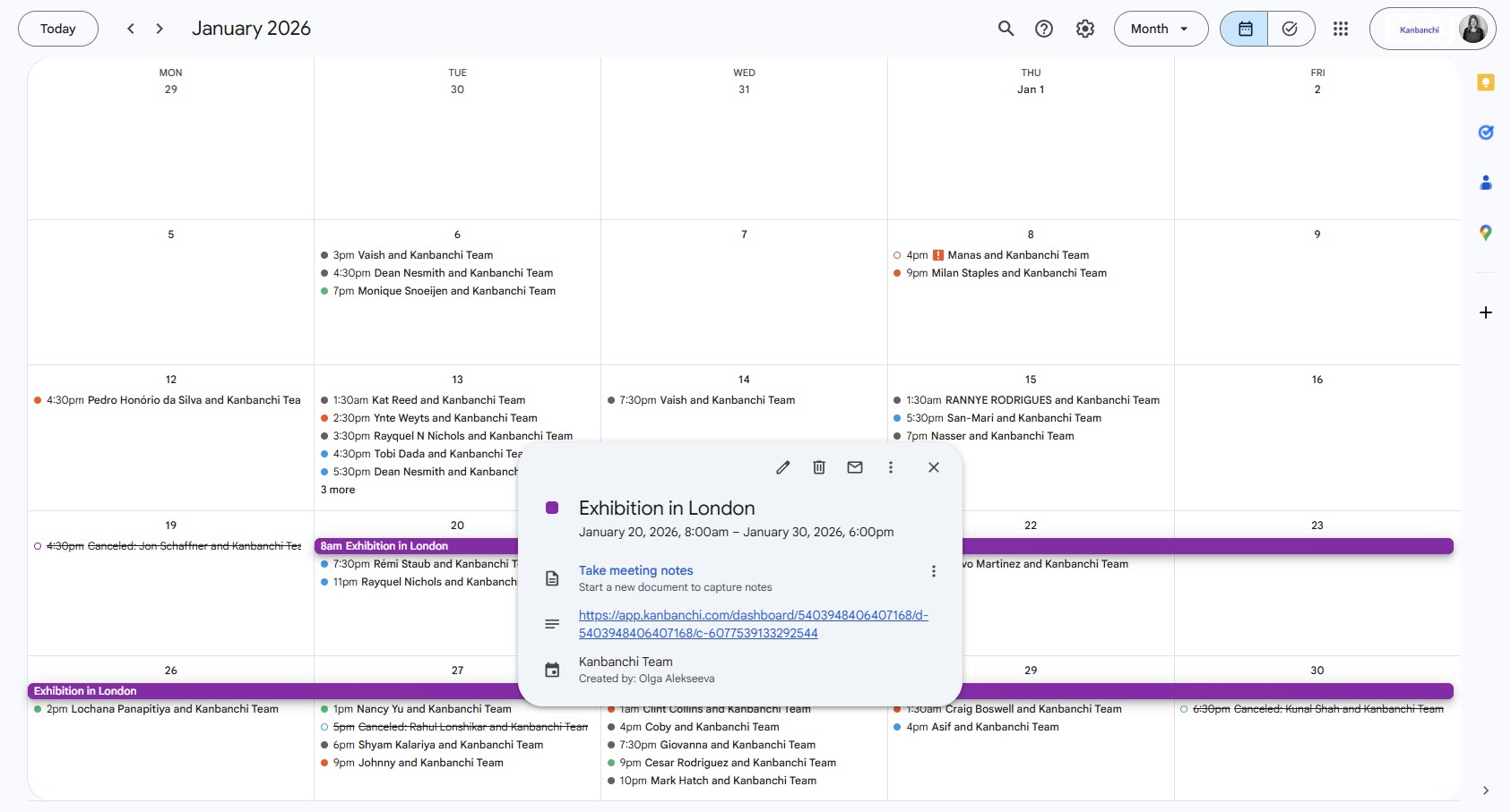 Google Calendar view showing a pop-up for an event named "Exhibition in London", which includes a clickable link to a Kanbanchi dashboard, demonstrating the integration between Google Calendar and the project management app