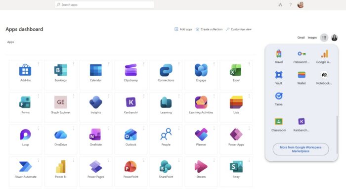 A composite screenshot displaying the Kanbanchi icon integrated within the Microsoft 365 Apps dashboard and the Google Workspace app menu, illustrating native integration.