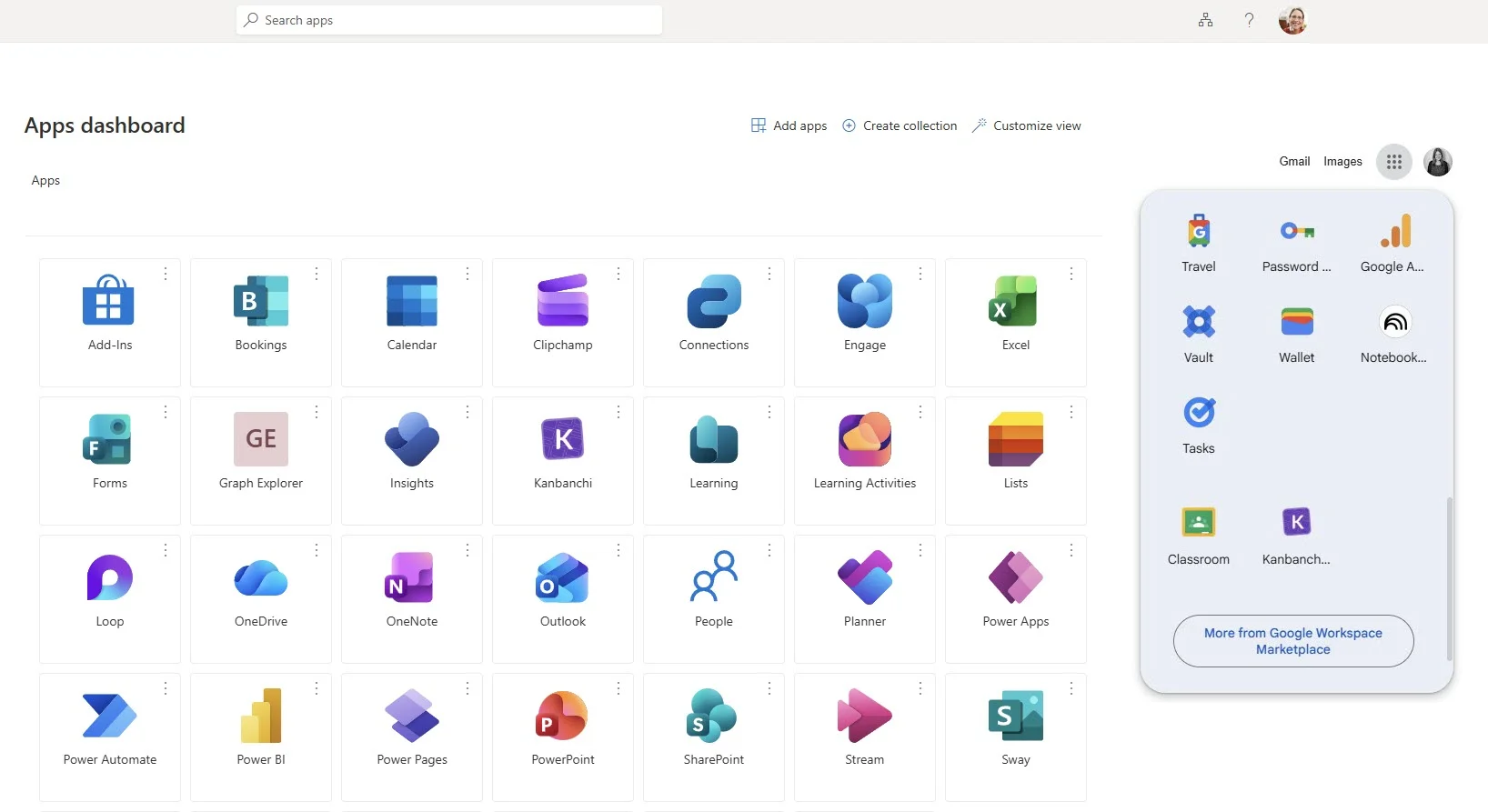 A composite screenshot displaying the Kanbanchi icon integrated within the Microsoft 365 Apps dashboard and the Google Workspace app menu, illustrating native integration.