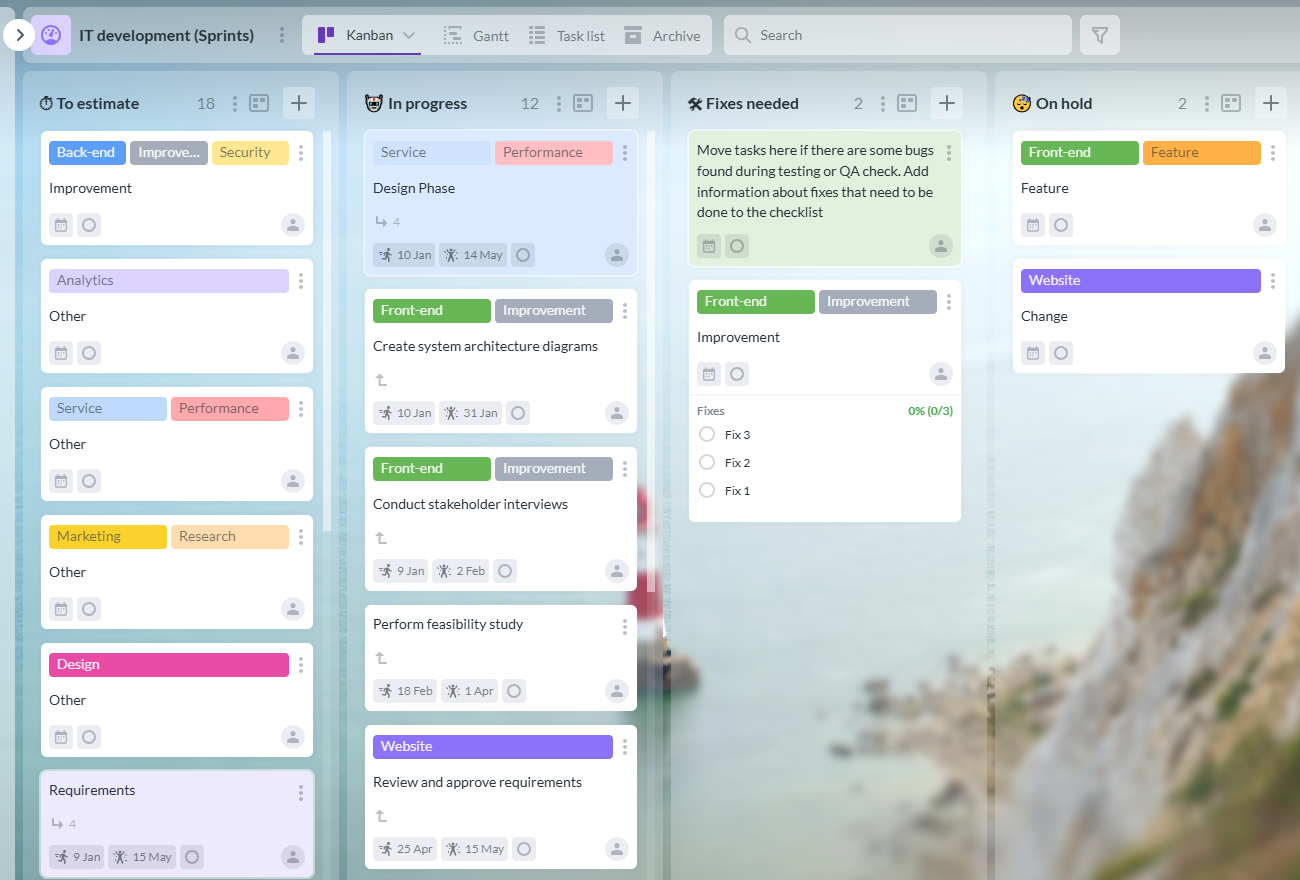 Kanban Board for Software Development Tasks in Kanbanchi Kanban board in Kanbanchi showing software development tasks organized by phases from requirements to deployment.