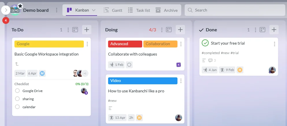 Kanban board in Kanbanchi showing WIP tasks, demonstrating swarming in Agile.
