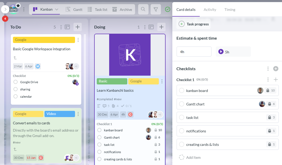Kanbanchi Estimated Time and Time Tracker fields for time management