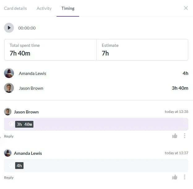 A screenshot of the "Timing" tab in Kanbanchi showing a comparison of estimated hours versus total time spent, broken down by individual team members.