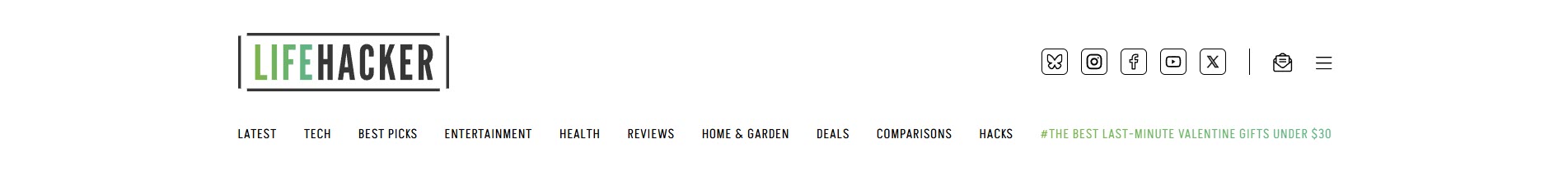 A screenshot of the Lifehacker homepage header showing navigation categories like "Tech" and "Health," illustrating one of the longest-running best productivity sites