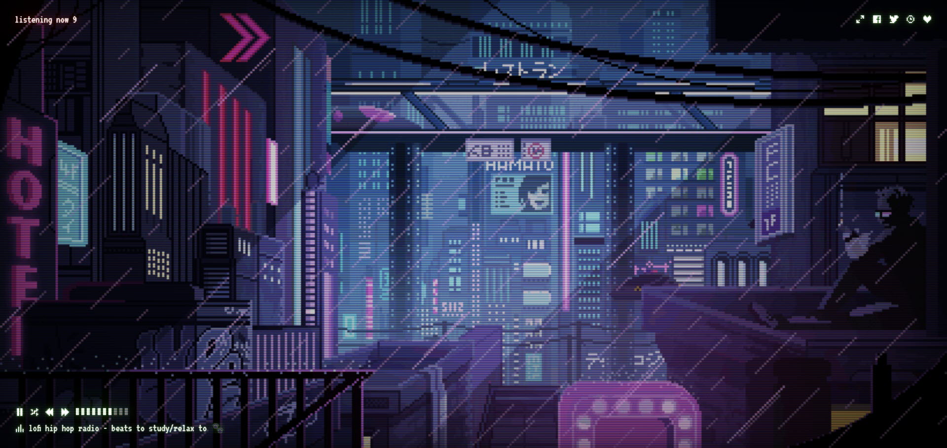 A screenshot of the Lofi Cafe interface featuring a pixel-art rainy city scene, exemplifying one of the best websites for productivity for aesthetic focus and background music