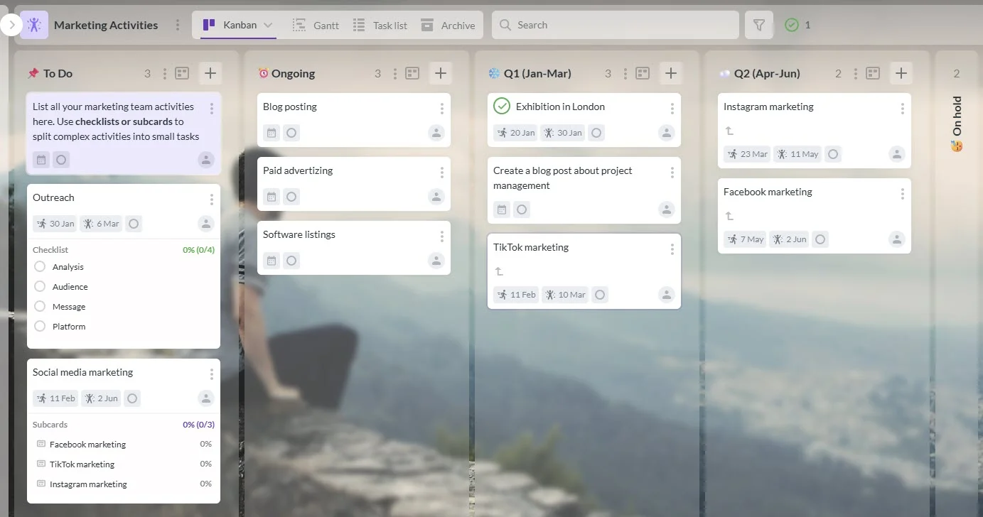 A screenshot of a "Marketing Activities" Kanban board displaying lists for "To Do," "Ongoing," and quarterly plans, illustrating a centralized workflow in marketing campaign planning software.