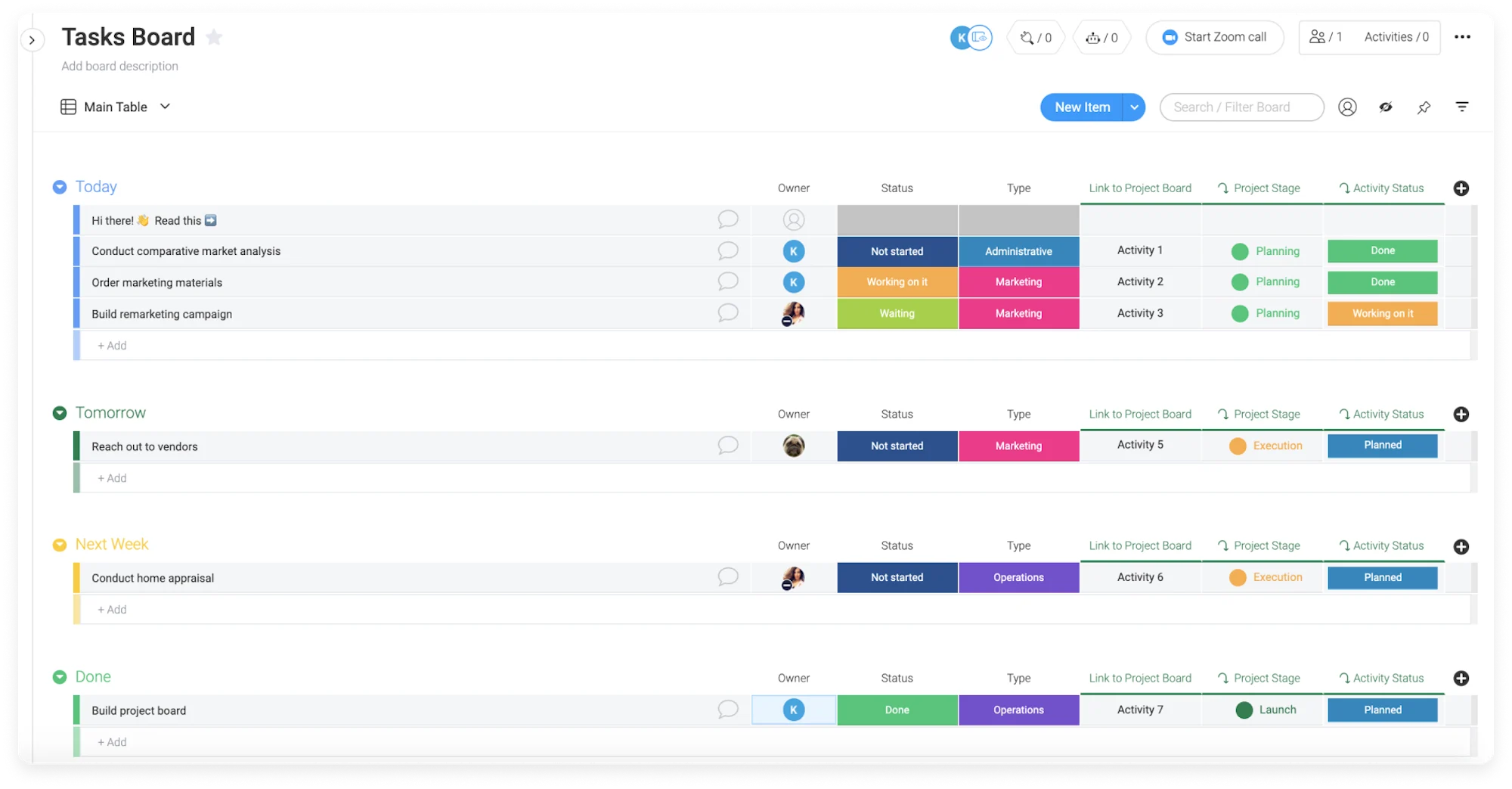 A colorful Monday.com taskboard featuring status columns, types of tasks, and team assignments.
