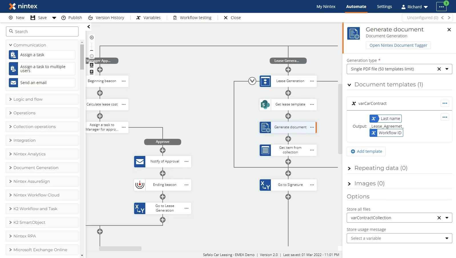 A screenshot of the Nintex workflow canvas connecting document generation tools with electronic signature steps.