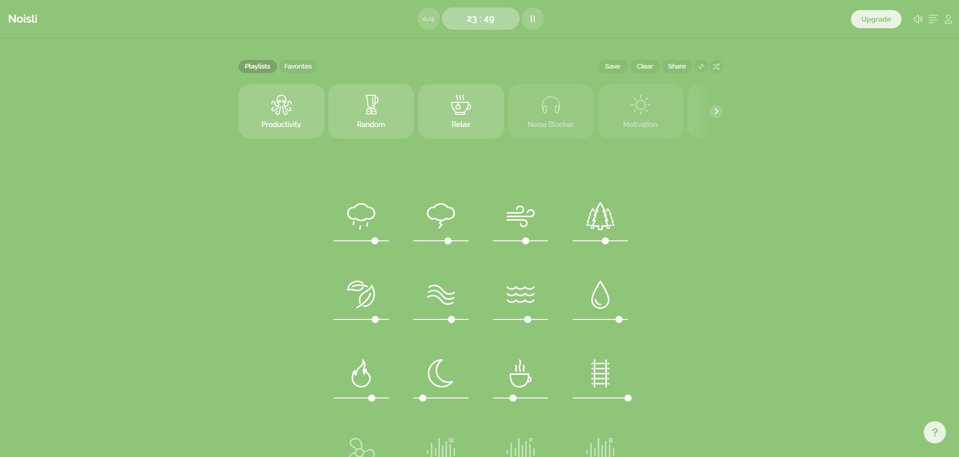 A screenshot of the Noisli interface displaying a green background with adjustable volume sliders for rain, wind, forest and other sounds