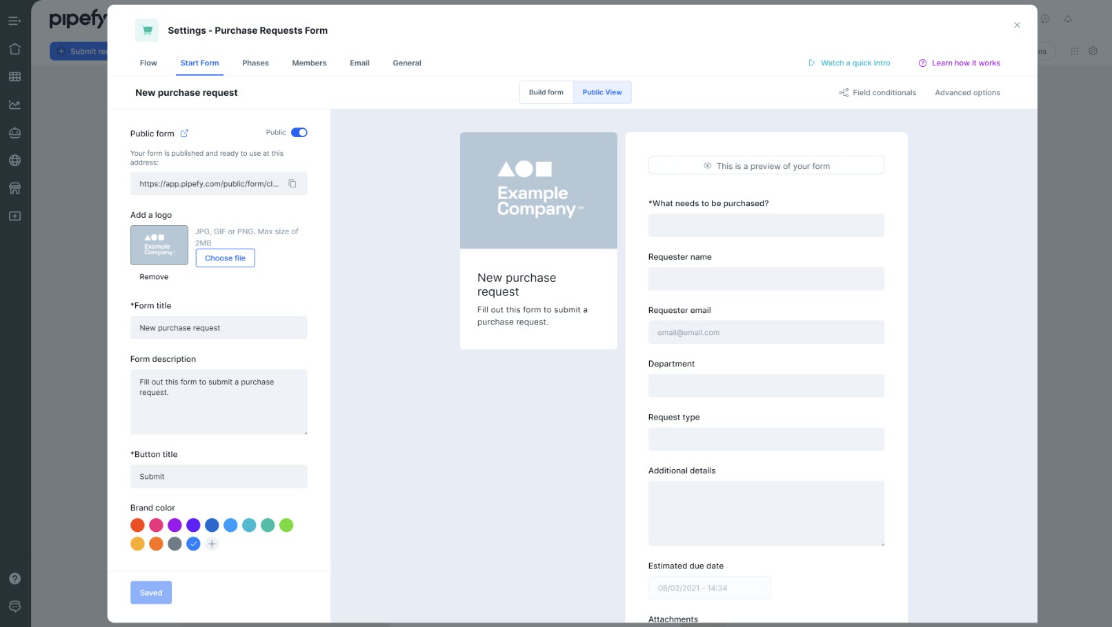 A Pipefy interface showing a request portal with various forms for submitting internal or external requests.