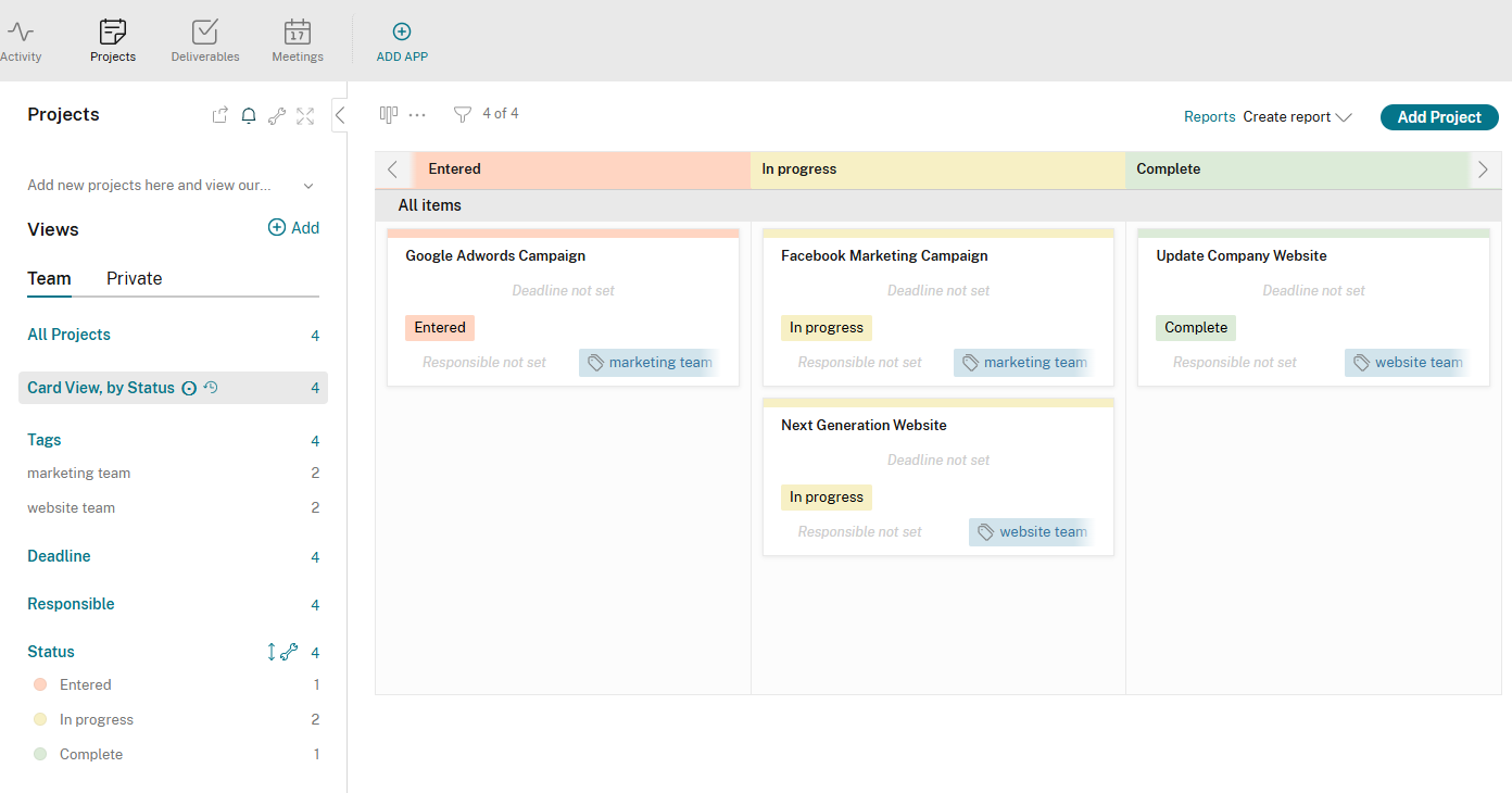 Screenshot of a Podio project board for teams needing custom workflows