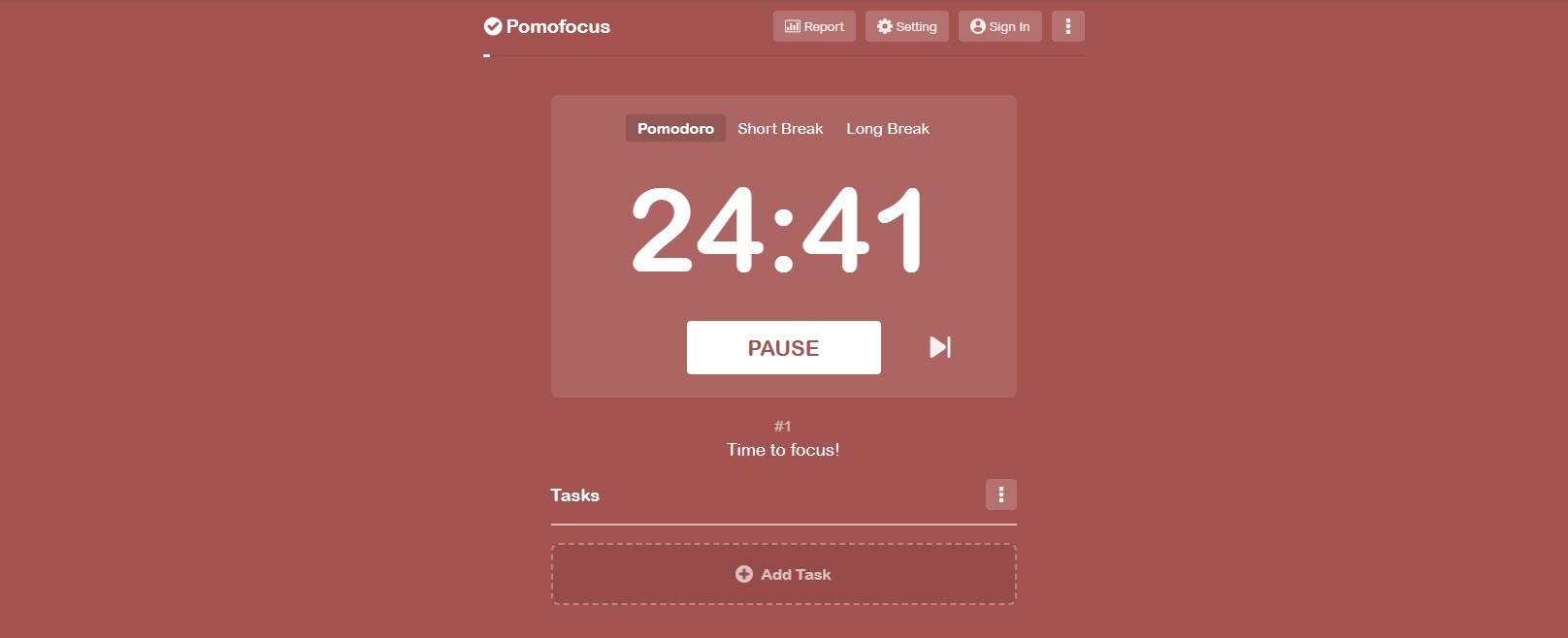 A screenshot of the Pomofocus interface displaying a large white countdown timer set to 25 minutes on a red background, illustrating the simplicity of the best websites for productivity