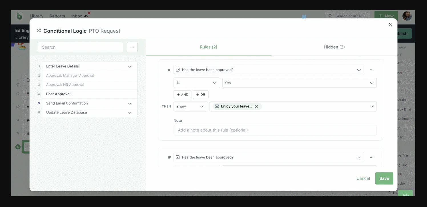 A Process Street interface showing an interactive checklist where new tasks appear based on conditional logic.