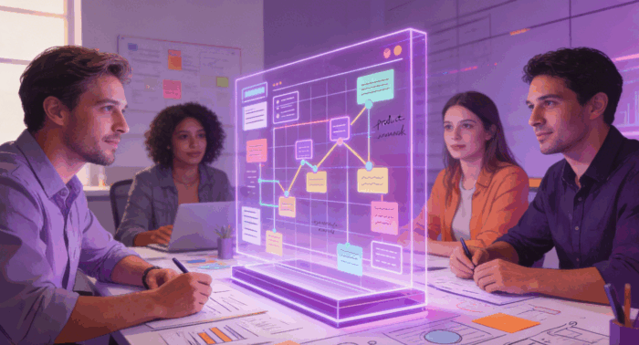 An illustration of a product team collaborating around a futuristic holographic display, representing the advanced visualization capabilities of the best product roadmap software.