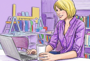 An illustration of a woman working efficiently on her laptop in a creative office, demonstrating the focus achieved by using productive websites and tools